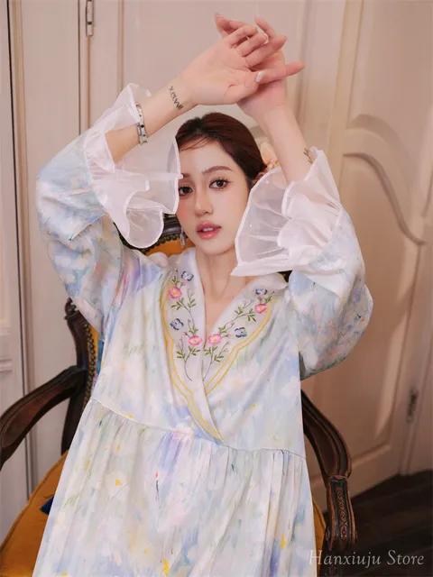 Camisones de seda satinada con bordado Vintage de alta calidad