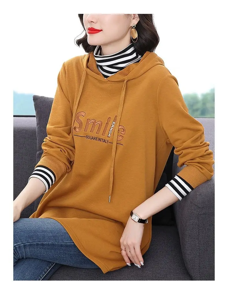Women Spring and Autumn Fashion New Hooded Sweatshirt Striped Letter Splicing Comfortable Versatile Large Size Long Sleeves Top