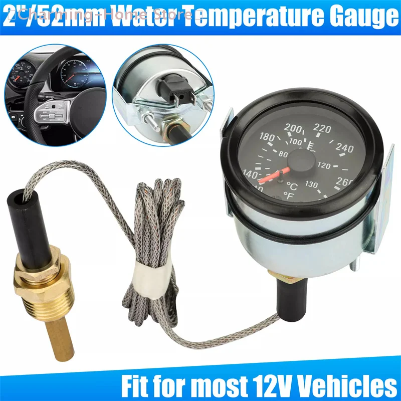 【M】2인치 52MM 기계식 40-130 ℃ /110-265 ℉ 수온계 12V 수온 게이지 자동차 계기판 센서 포함 NPT 1/2