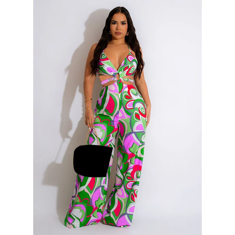 

KEXU print Halter V-neck Cutout Lace Backless Beach Jumpsuit 2023 Street Women Fashion Playsuit One Piece Suit Romper