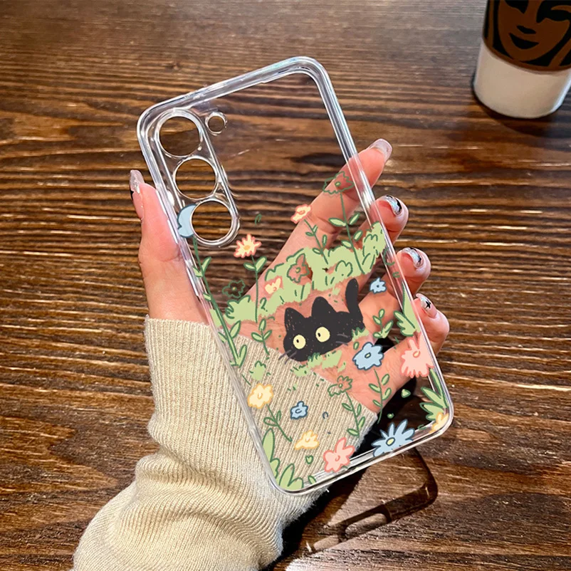 Cute Cartoon Black Cat Floral Clear Phone Case Cover