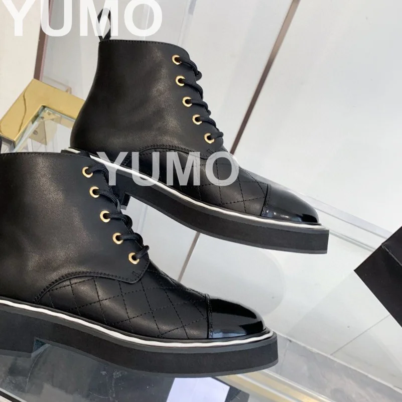 

2023 Women Round Toe Genuine Leather Short Boots Fashion Round Toe Color Match Chunky Low Heels Outdoor Runway Ankle Boots