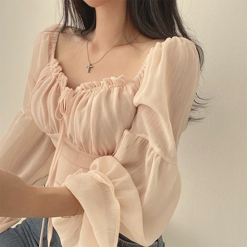 Blusas Y2K para mujer, de color liso, con cordón, lazo y volantes, de manga larga, fruncidas, tops cortos, ropa elegante de calle