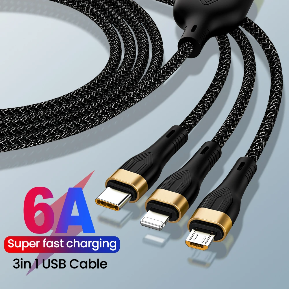 3in1 USB Cable 6A 100W Fast Charger Charging Cable For iPhone 14 13 12