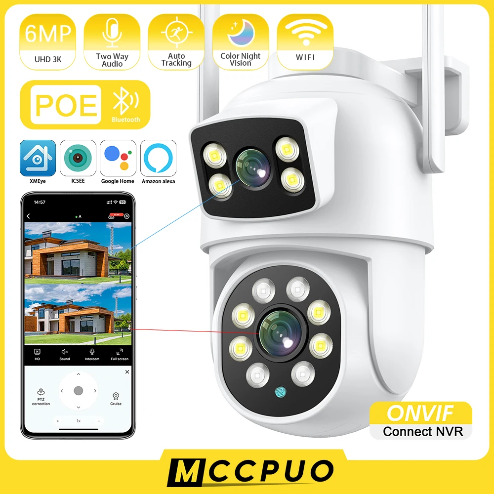 

Mccpuo 6MP Dual Lens WIFI PTZ Camera Dual Screen AI Human Tracking Outdoor Secuity Surveillance POE IP Camera iCsee PRO Alexa