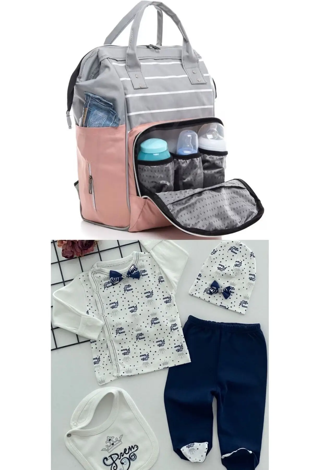 

2 Pieces 100% Cotton Hospital Outlet and Waterproof Stap-Free Functional Baby Care Backpack Set Pink