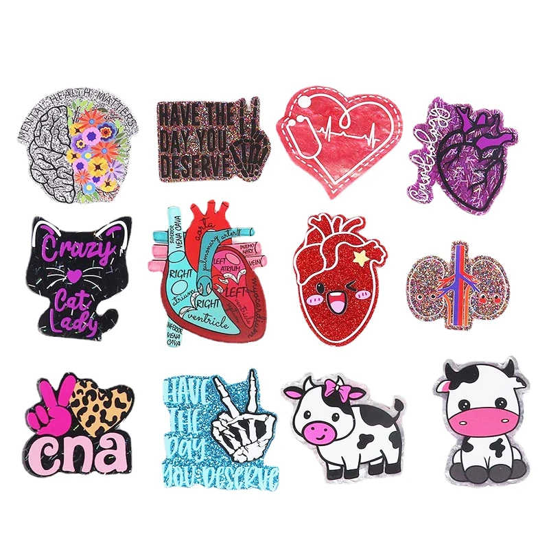 

Cow Heart CNA Acrylic Charms Flat Back Epoxy Pedant Fit DIY ID Card Badge Holder Jewelry Making Doctor Nurse Gift