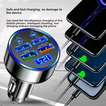 Caricabatterie da auto super veloce a 6 porte con display di tensione USB QC3.0 PD, adattatore per accendisigari per iPhone Samsung Xiaomi
