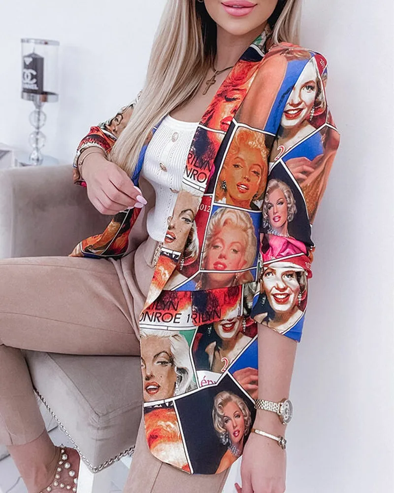 Women's New Sexy Fashion Leisure Commuting Versatile Vacation Style Colorful Printed Long Sleeved Suit Coat