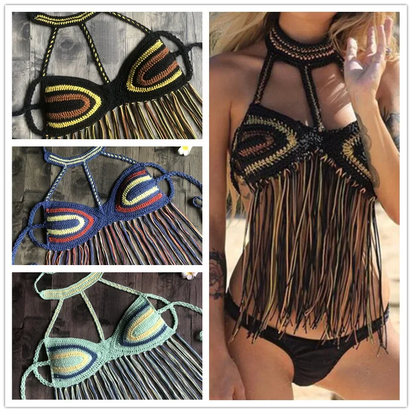European and American Trendy Fringed Bikini Tops Handmade Crocheted Sexy INS Online Celebrity Explosions Beach Hollow Swimsuit.