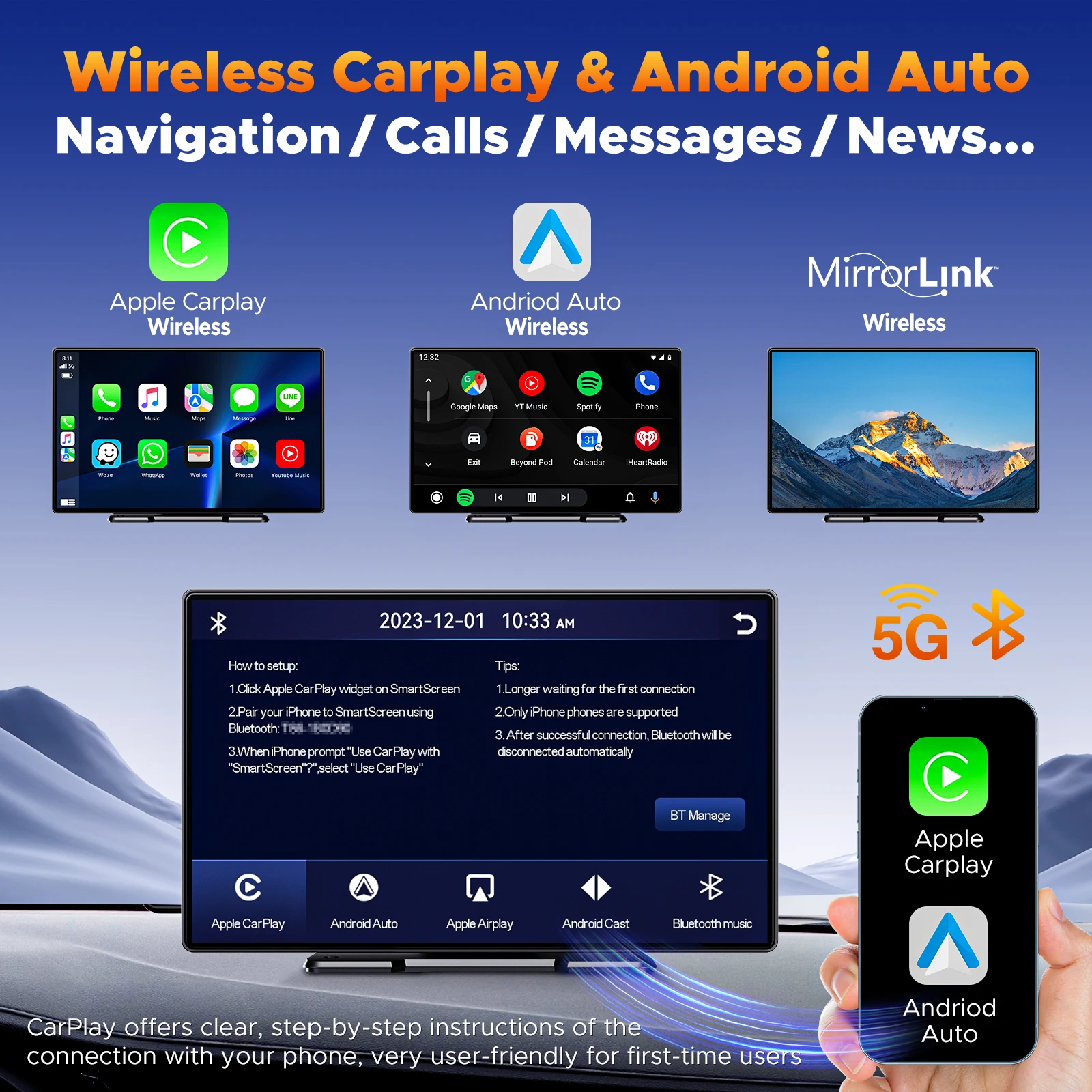 TOGUARD Carplay screen,9inch Wireless apple carplay Android Auto