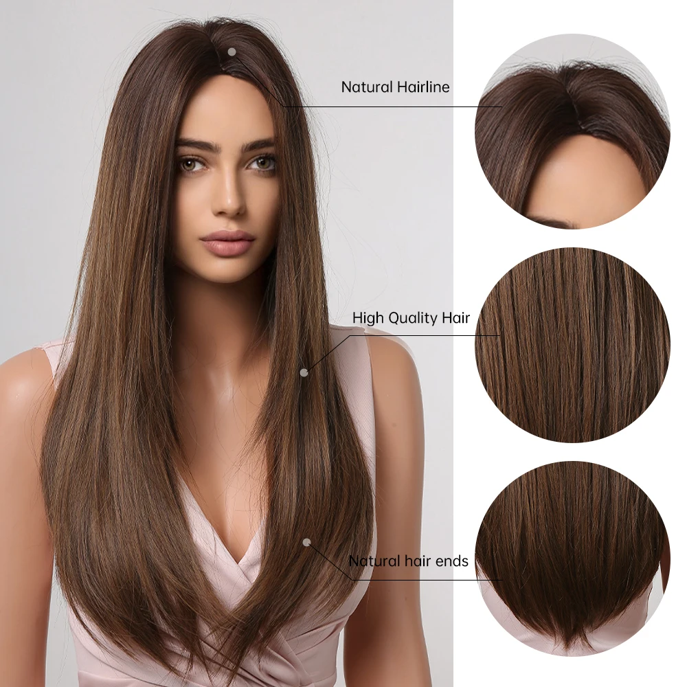 

HAIRCUBE Long Straight Synthetic Wigs Honey Brown Hair Wigs for Women Middle Part Heat Resistant Daily Cosplay Female Wigs
