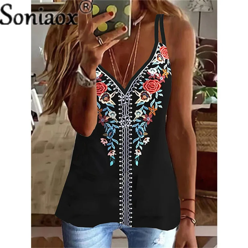 womens cami Sexy Suspenders V Neck Patchwork Blouse Tank Tops Summer Women Sleeveless Loose Casual Ethnic Style Print Vest T-Shirt Plus Size womens cami Tanks & Camis