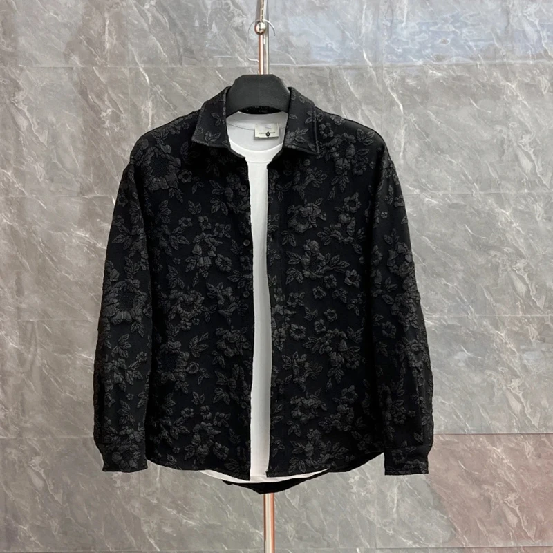 Camicie jacquard galleggianti da uomo vintage frac a maniche lunghe con risvolto versatile top camicia streetwear moda primavera autunno 1