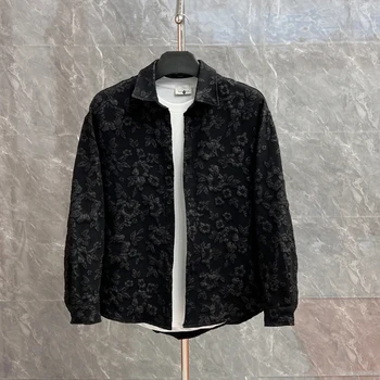 Camicie jacquard galleggianti da uomo vintage frac a maniche lunghe con risvolto versatile top camicia streetwear moda primavera autunno 1