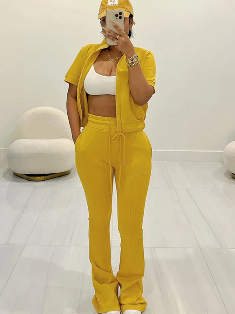 

Apprabant Autumn Fashion Pants Suit Short Sleeve Spliced Zipper Blouse T-shirt Slim Fit Appear Thin Buut Cut Pant Streetwear