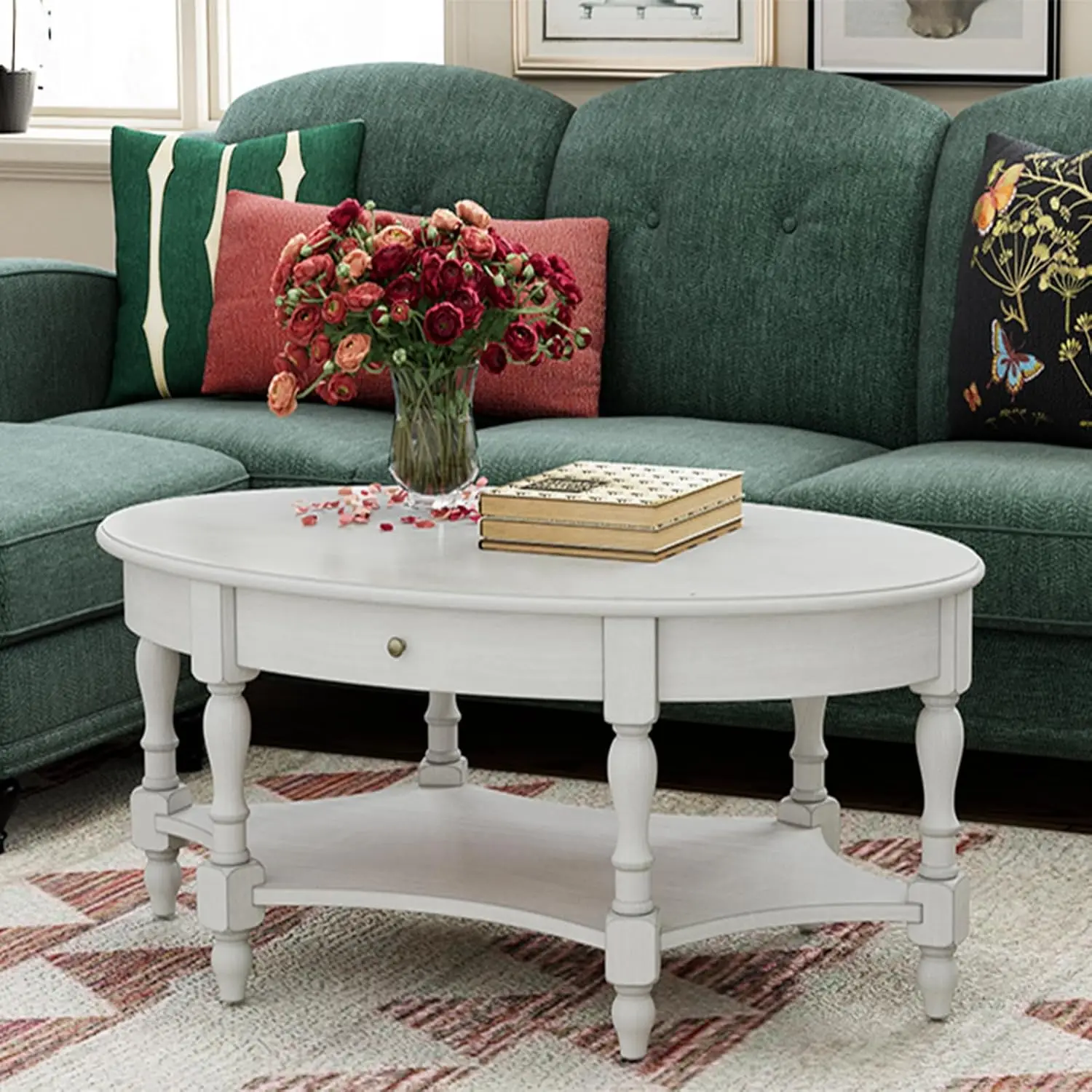 Solid Wood Oval Coffee Table 44.9" Antique White with Drawer Storage Shelf Traditional Retro Center Table Polished Edging