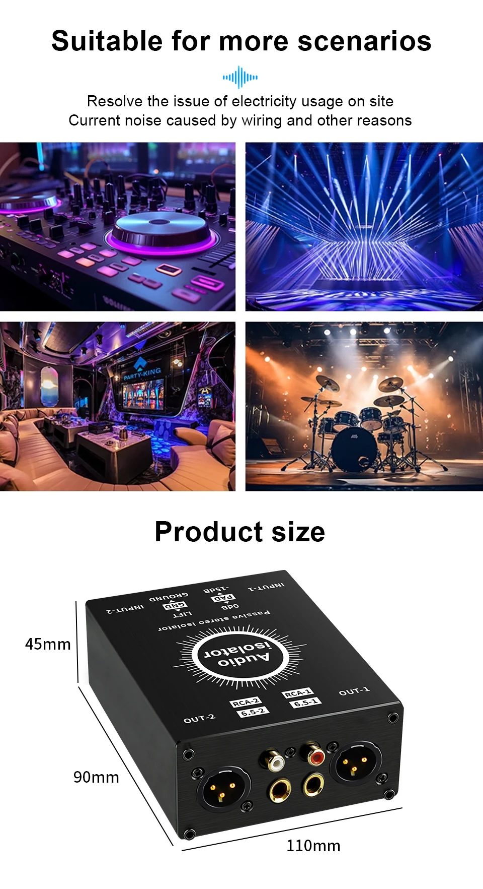 2-Kanal-XLR-Audio-Isolator, Rauschunterdrückungsfilter, beseitigt Stromgeräusche, 6,5 XLR-Mixer, Audio-Isolatoren, Zweikanal 6,5 XLR – Detail 8