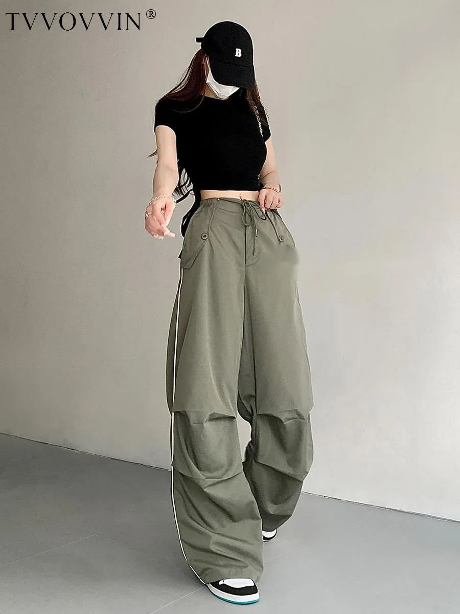 

2023 Street Cargo WOMENGAGA Pants Women's Summer Rope Drawn Parachute High Waist Wide Leg Pants Thin Straight Long Pants 8VDM