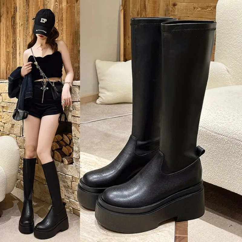 

Soft Leather Knee High Boots Women Shoes Autumn Thick Sole Elastic Increase Slimming Boots Lady Platform Spicy Girl Knight Boots