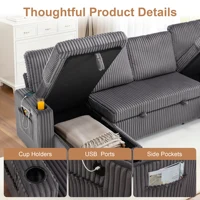 102" Plush Corduroy Sleeper Sofa Bed with Storage Chaise Sectional Couch,Pull Out U Shaped Bed with USB Ports for Living Room 5