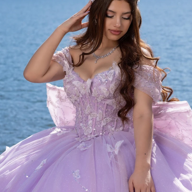 

Lavender Lilac Shiny Off The Shoulder Quinceanera Dress Ball Gown Bow Crystal Beading Tull Sweet 16 Vestido De 15 Anos