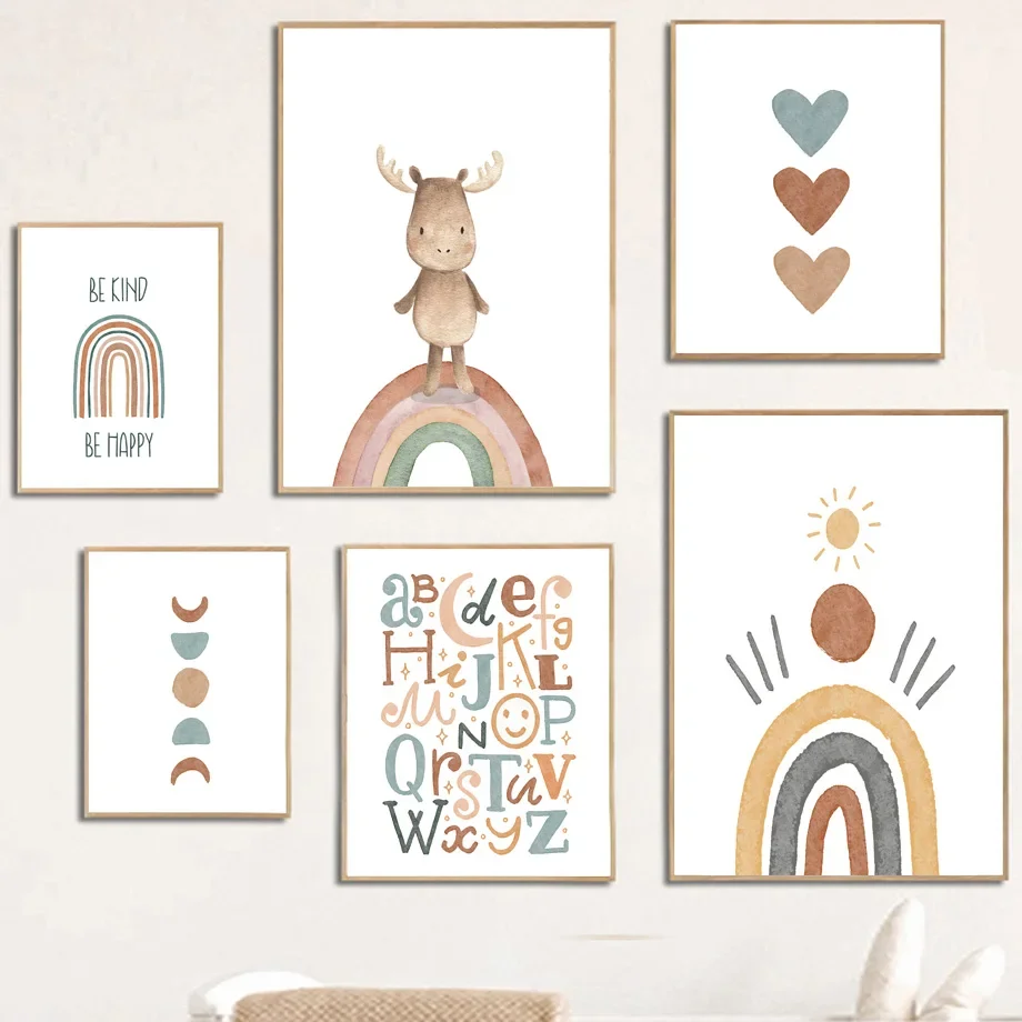 

Deer Heart Sun Rainbow Boho Alphabet Nursery Montessori Art Canvas Painting Posters Prints Wall Pictures Kids Room Baby Decor
