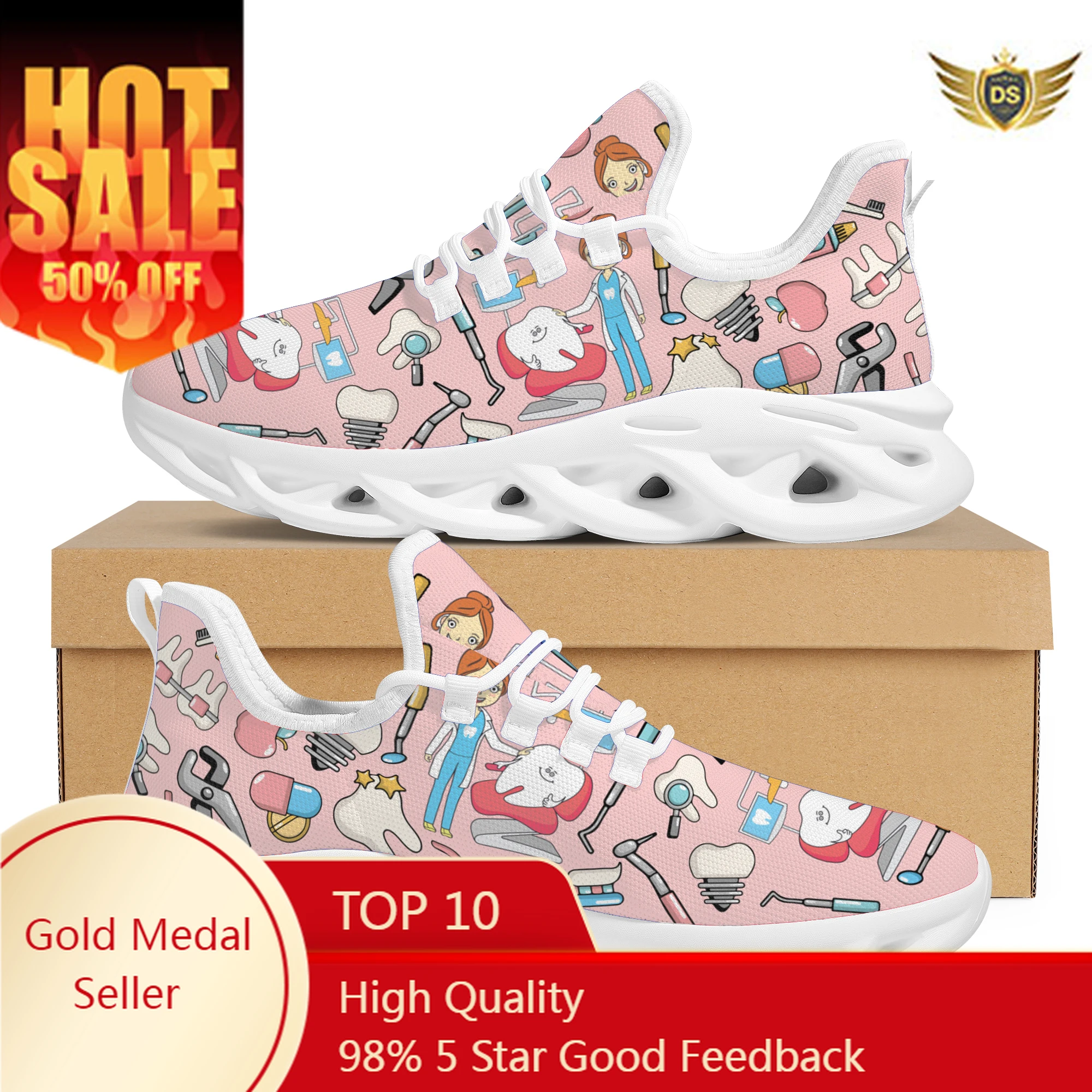 Comfortable Light Women Nursing Shoes Cartoon Dental Equipment Design Mesh Sneakers New Wild Street Trend Lace-up Casual Shoes