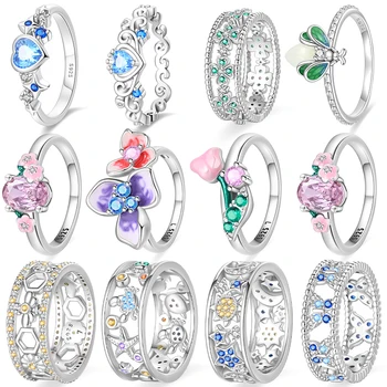 Rings For Women 100% 925 Sterling Silver Pink Heart Crown Star Moon Snowflake Zircon Rings Fashion Engagement Wedding Jewelry