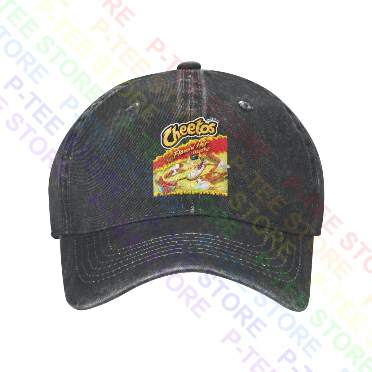 Cheetos Mens Flaming Hot Crunchy Bag Image Washed Denim Berretto Da Baseball Cappelli Da Camionista Vtg Harajuku