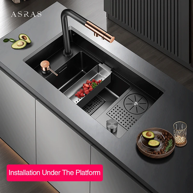 Asras Nanometer Hidden Cover Cup Rinser kitchen Island Sinks 4mm Thickness Handmade Sinks With Lifting Faucet