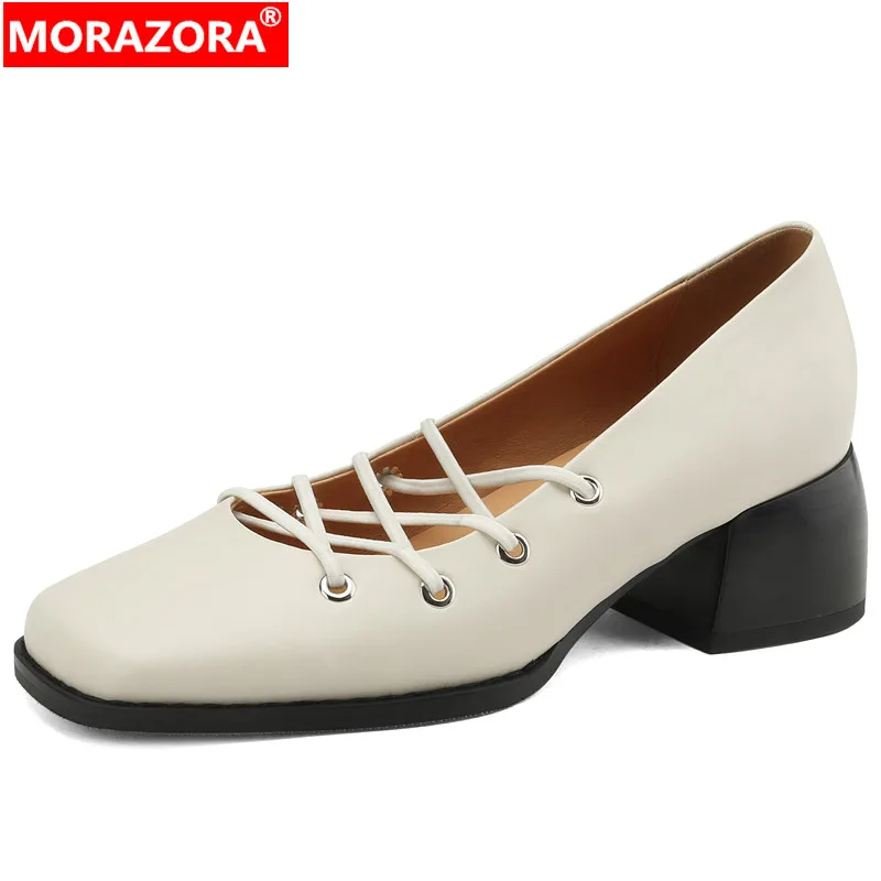 

MORAZORA 2023 New Narrow Band Genuine Leather Shoes Woman Slip On Ladies Dress Pumps Loafers Square Med Heels Single Shoes