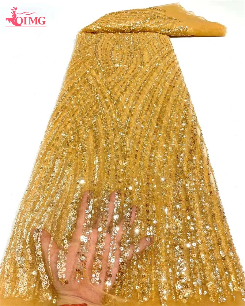 

Luxury Sequins Lace Fabric 5 Yards Dubai Hand Beaded Tulle Lace Fabric Embroidered Applique African Fabric For Sewing Material