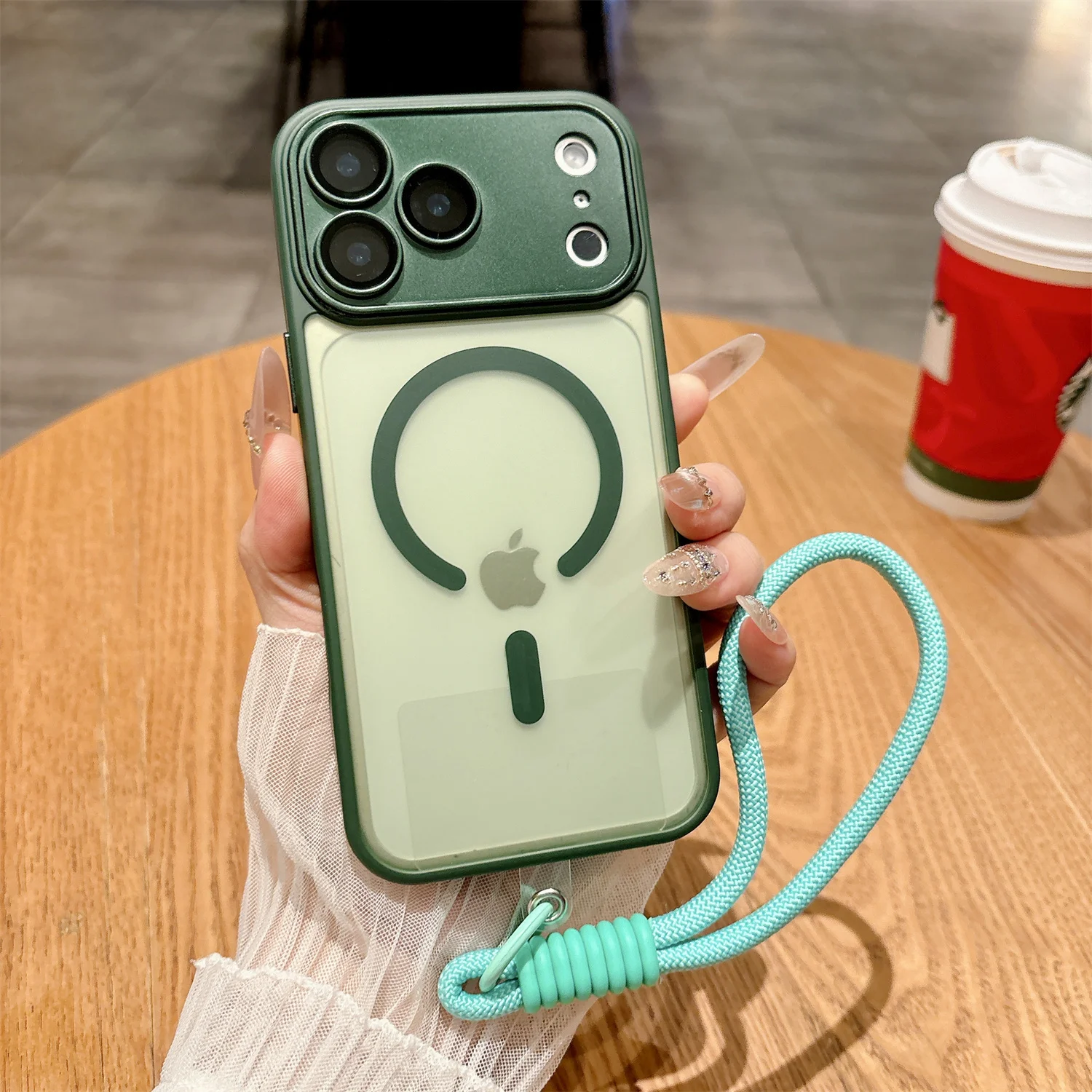 Magnetic Wireless Charging Phone Case with Lanyard and Matte Translucent Lens Protection