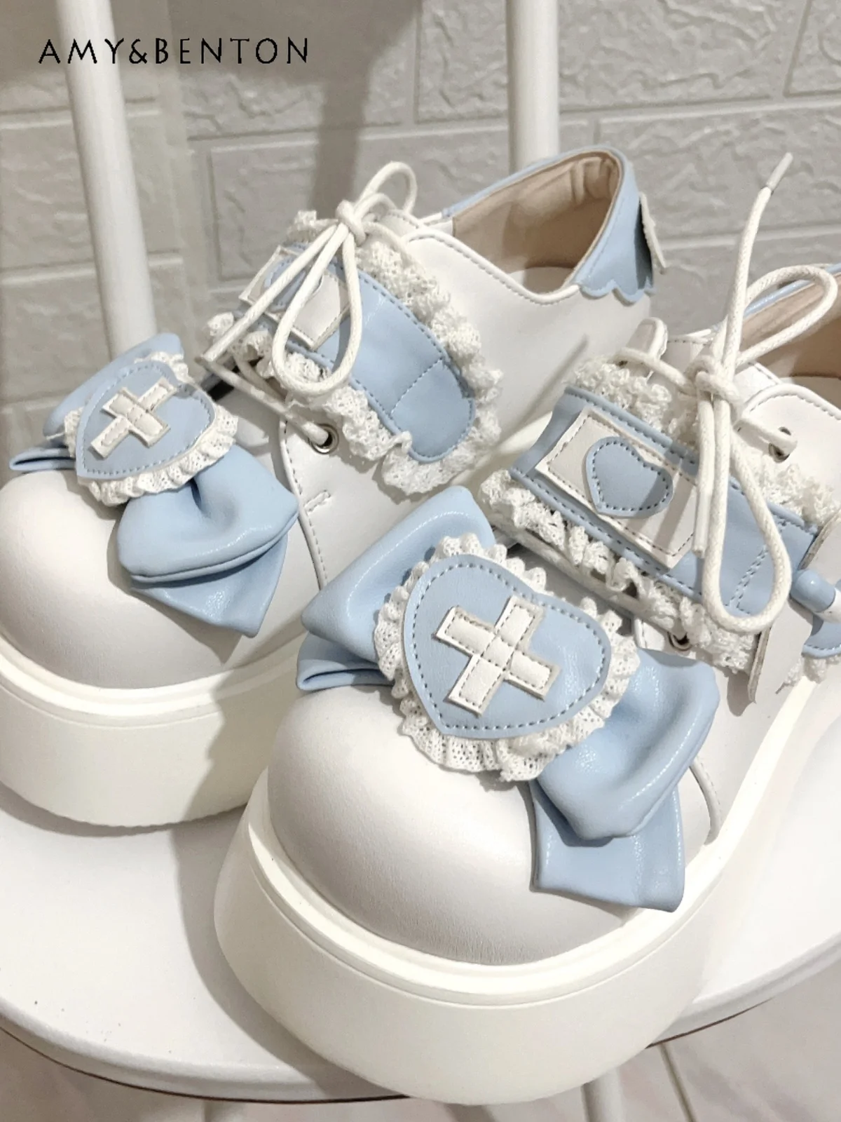 

Original Round Toe Lace-up Lolita Shoes Japanese Cute Sweet Platform Heels Harajuku Kawaii Color Matching Leather Shoes Students