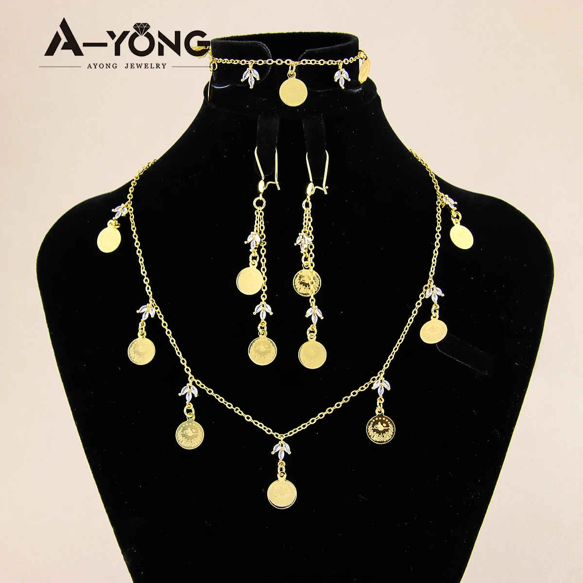 Turkish Coins Necklace Set 21k Gold Plated Copper Arab Elegant Zircon Jewelry for Women Wedding Party Gifts jewelry set gold necklaces
