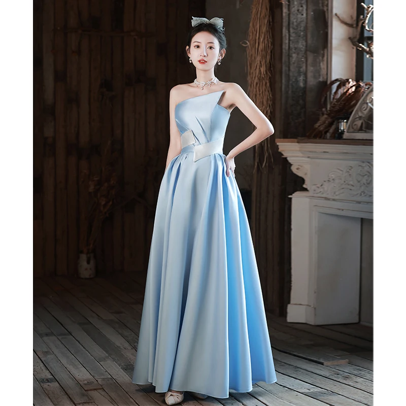 

Women Satin Strapless Evening Dress Elegant Blue A-Line Slim Long Celebrity Party Dress Retro Back Lace-Up Ball Gown