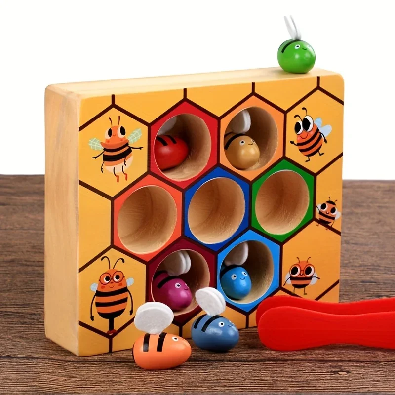 

Montessori Early Education Wooden Insect Catching Game Kindergarten Early Education Puzzle Color Cognition Clip Little Bee Toy