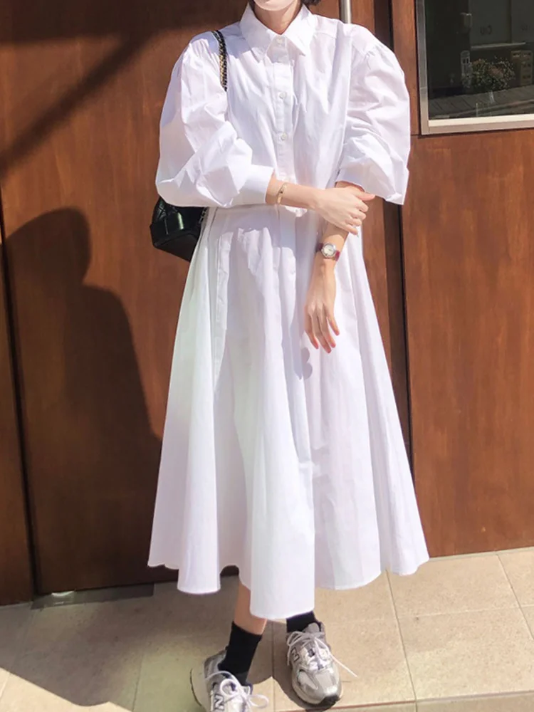 

Women Simple Lapel Single Breasted Dress Loose Solid Color Puff Sleeve Shirt Dresses 2023 Summer New Fashion Vestido H149