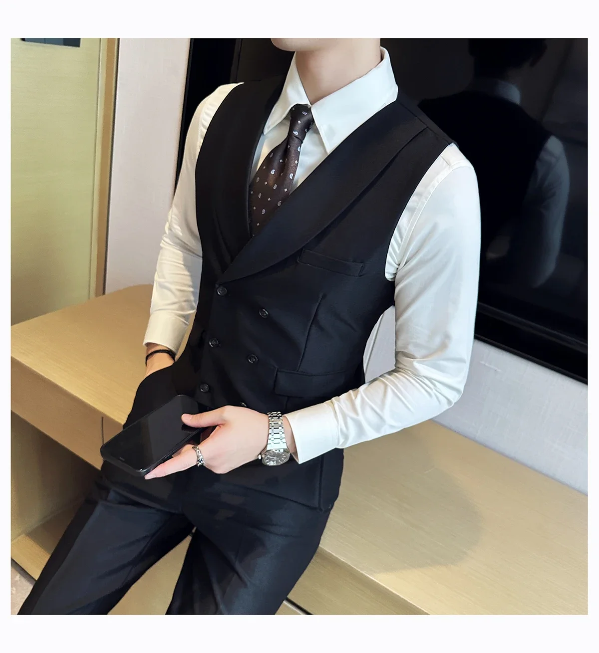 Description Picture 5 of itemMen's Double-buttoned Suit Vest Korean Style Slimming Business Professional Workwear Western-style Clothes Groom's Tuxedo
