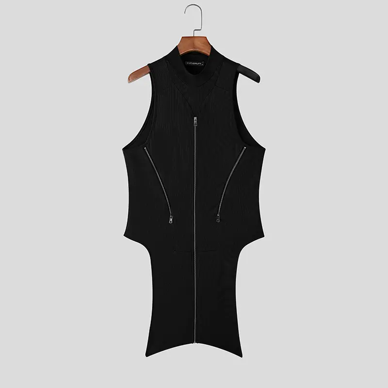 INCERUN Men Irregular Tank Tops Solid Color Knitted Turtleneck Sleeveless Male Vests Streetwear Summer 2026 Zipper Fashion Tops - Image 9