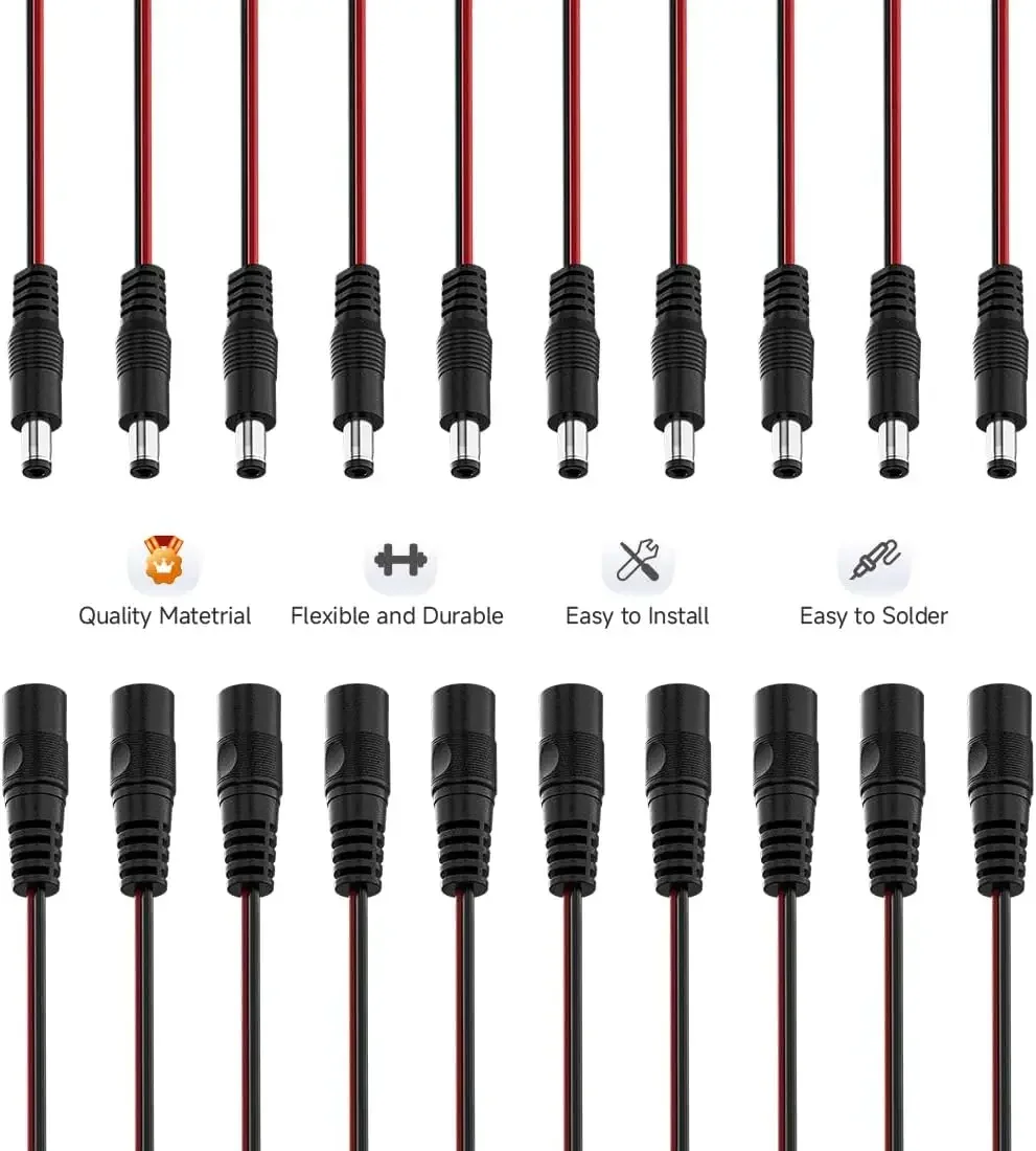 10Pcs DC 12V Connector Pigtail Plugs 5.5x2.1mm Male and Female DC Power Socket Jack Connector Cable Plug Wire DIY Cable