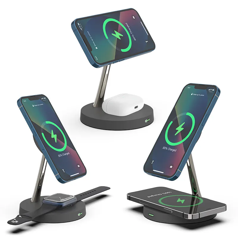 3 In1 Magnetic Fast Wireless Charger Stand Macsafe For iPhone 15 14 13 Pro Max Apple Watch Airpods 30W LED Fast Charging Station