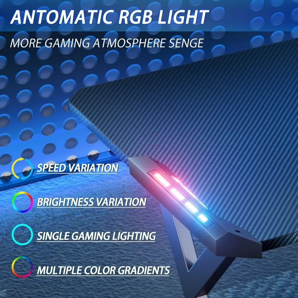 40 INCH Gaming Desk with LED Lights, Home Office Gamer Desk, Ergonomic Computer Table with Large Carbon Fiber Desktop 5