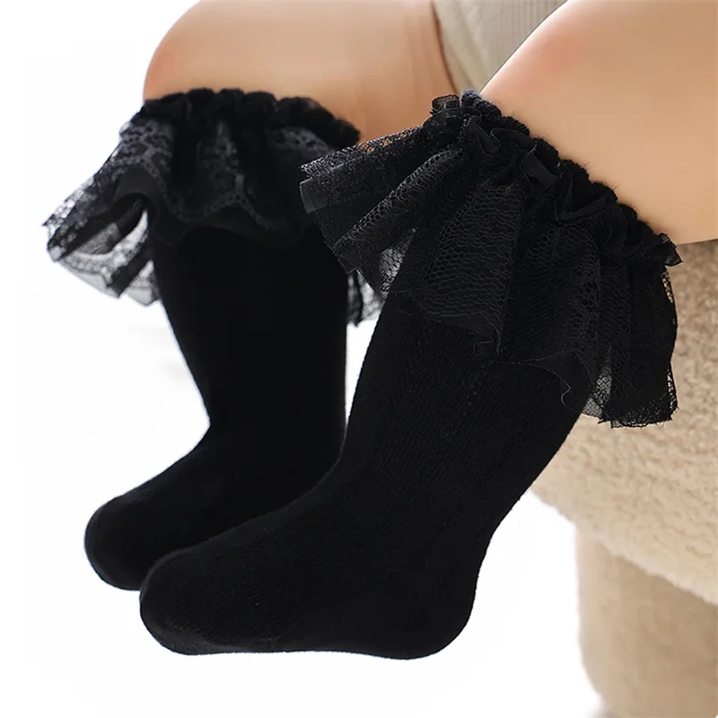 Adorable Infant Lace Trimmed Knee High Socks with Breathable Fabric and Ruffle Detail for Stylish Babies and Toddlers