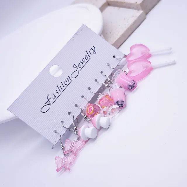 European and American cross-border cartoon fashion resin simulation food, milk tea, mushroom candy earrings, pink set 3