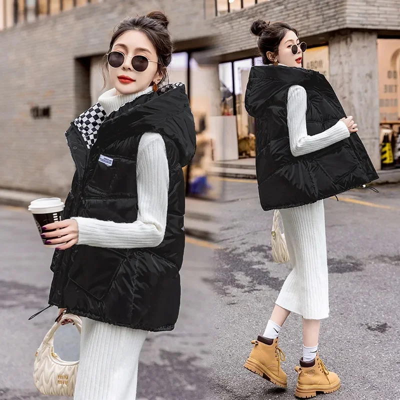 2023 Autumn Winter New Women Vest Coat Jacket Female Fashion Casual Outerwear Sleeveless Hooded Padded Warm Parkas Waistcoat