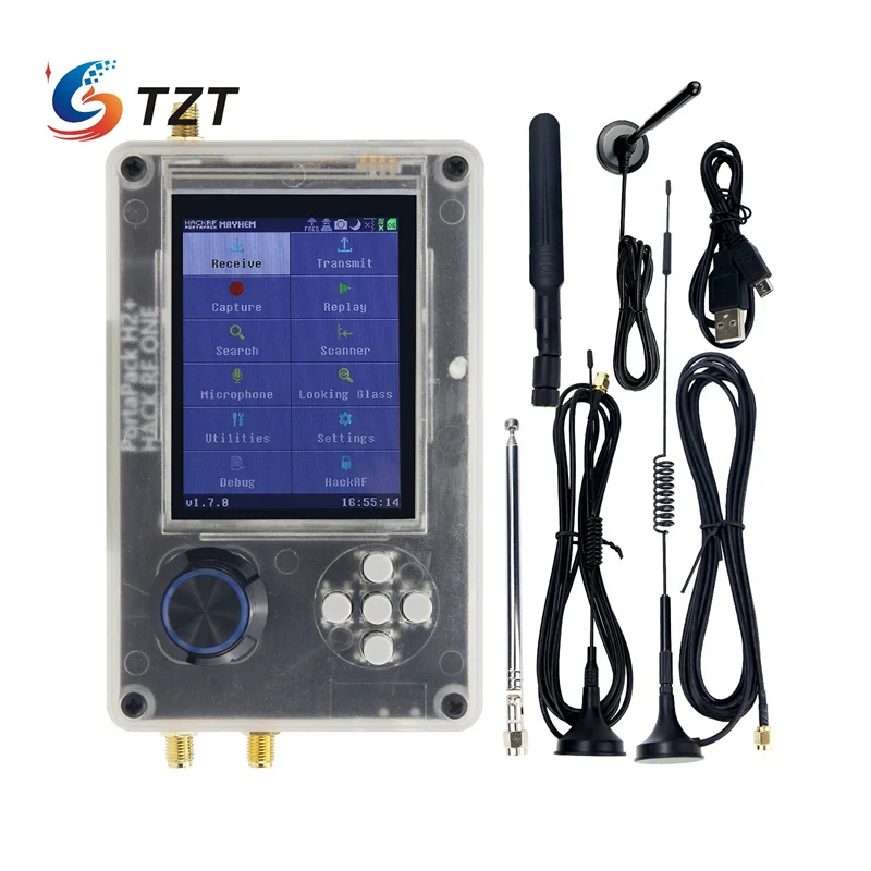 

TZT V2.0.0 HackRF One R9 + Модернизированный портативный жидкокристаллический дисплей 3,2 дюйма + Пластиковый корпус + 5 антенн + USB-кабель
