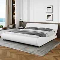 King Size Upholstered Bed Frame,Deluxe Low Profile Sleigh Bed with Faux Leather Ergonomics Headboard,White  No Box Spring Needed 1