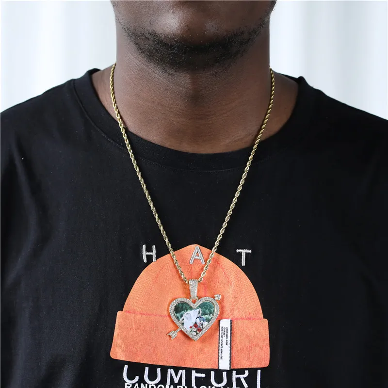 

High Quality Heart Shape Memory Picture Photo Pendant Necklace For Men Hip Hop Jewelry With 6mm Iced Out Cuban Chain